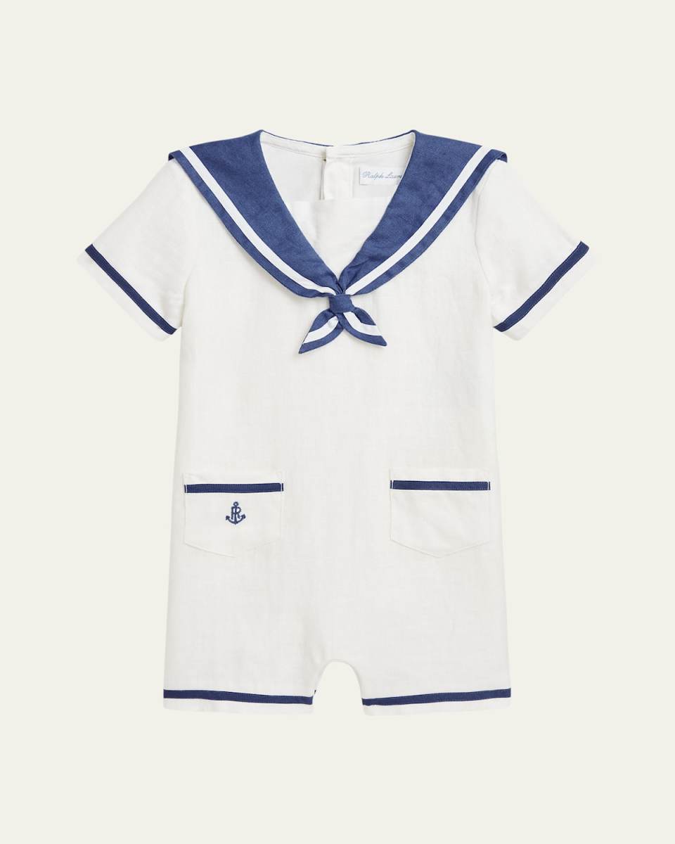 Boy's Sailor-Inspired Embroidered Shortall, Size 9M-